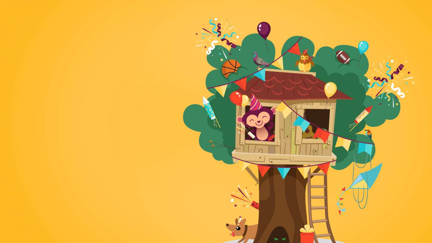 Illustratie van de AAP-mascotte feestend in zijn boomhut