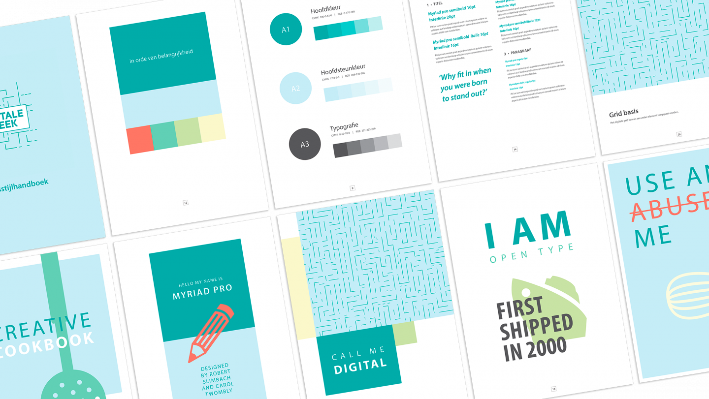 Mockup van verschillende pagina's uit het huisstijlhandboek voor de Digitale Week