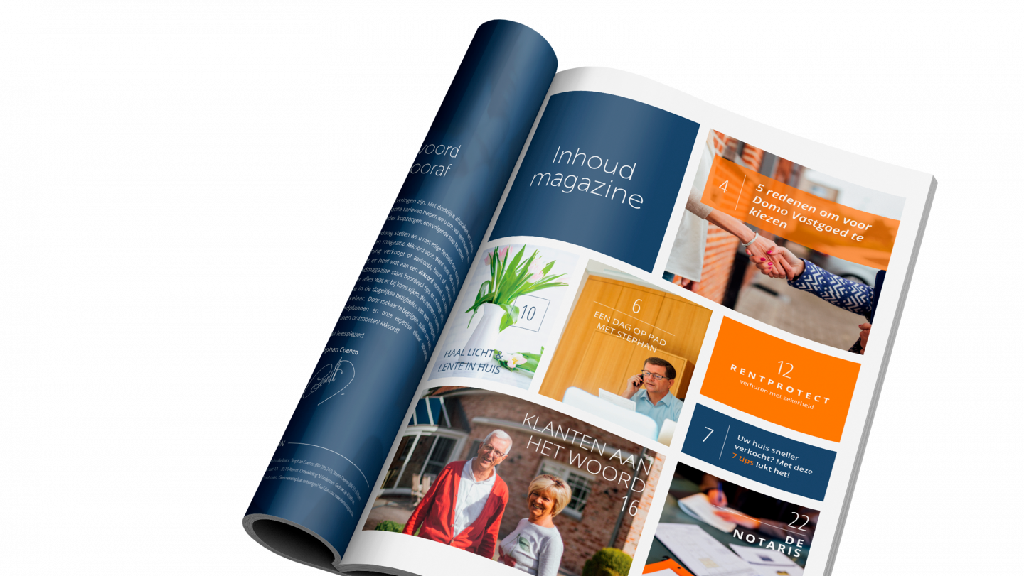 Mockup van een pagina uit het DOMO vastgoed magazine