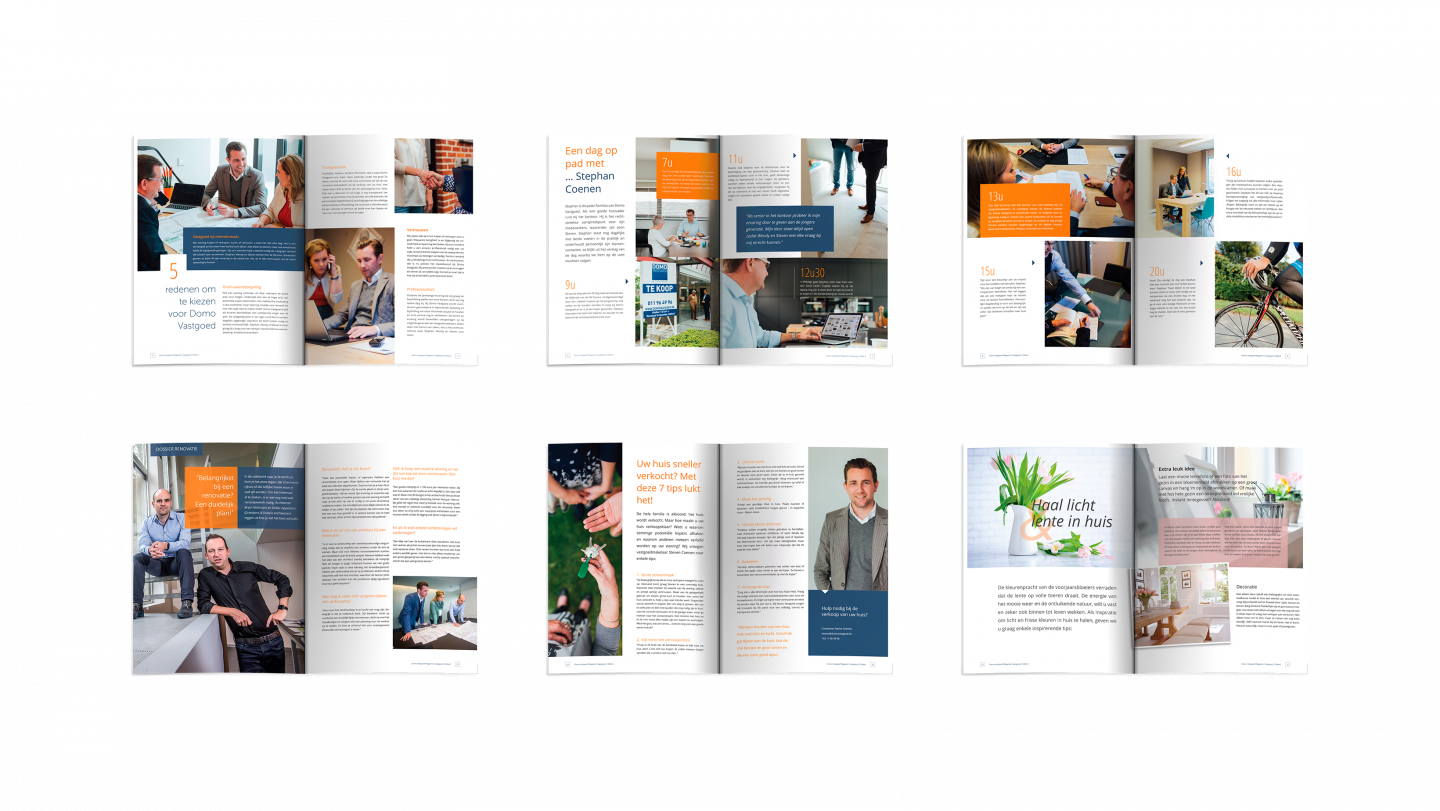 Mockup van verschillende spreads uit het DOMO vastgoed magazine