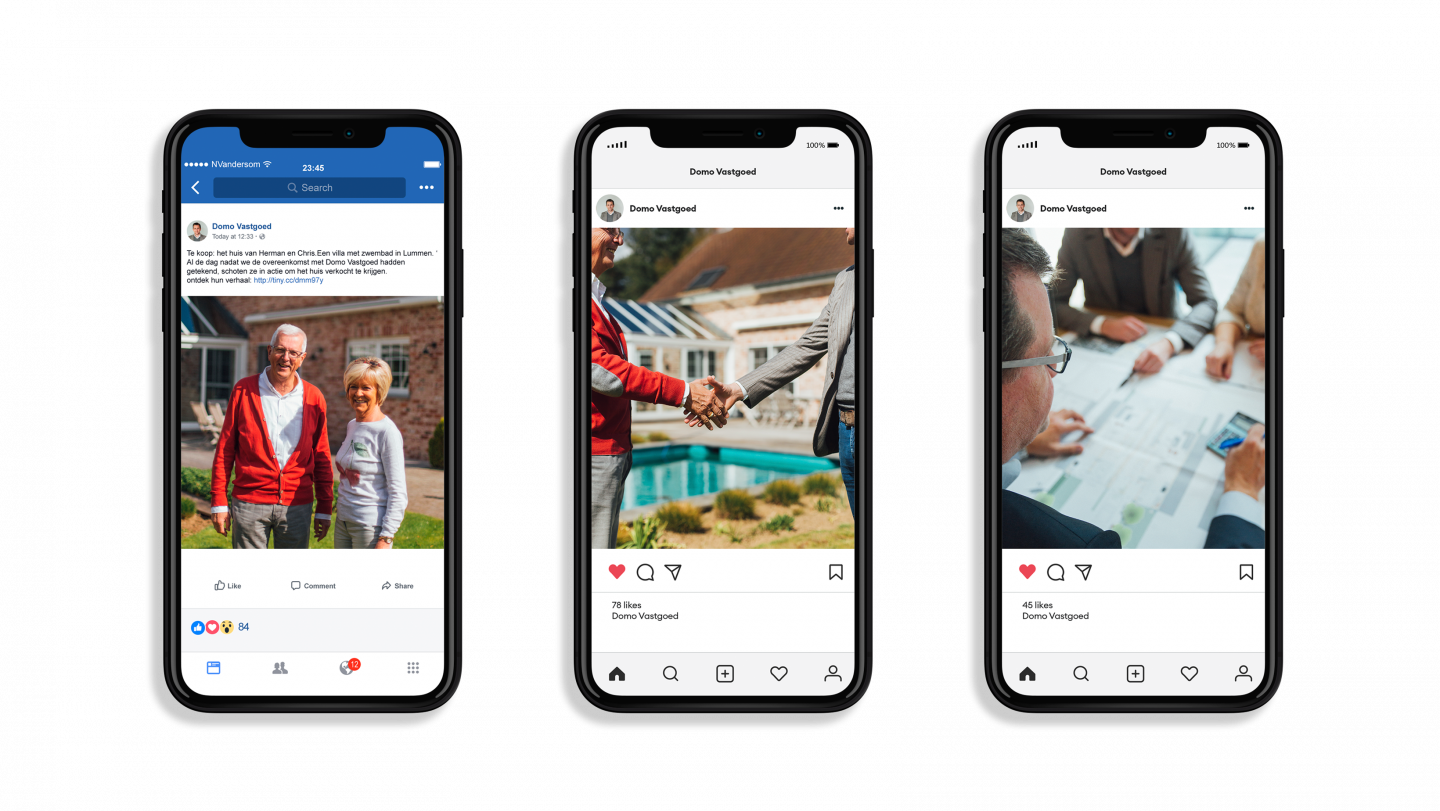 Drie iPhone mockups van DOMO op Instagram