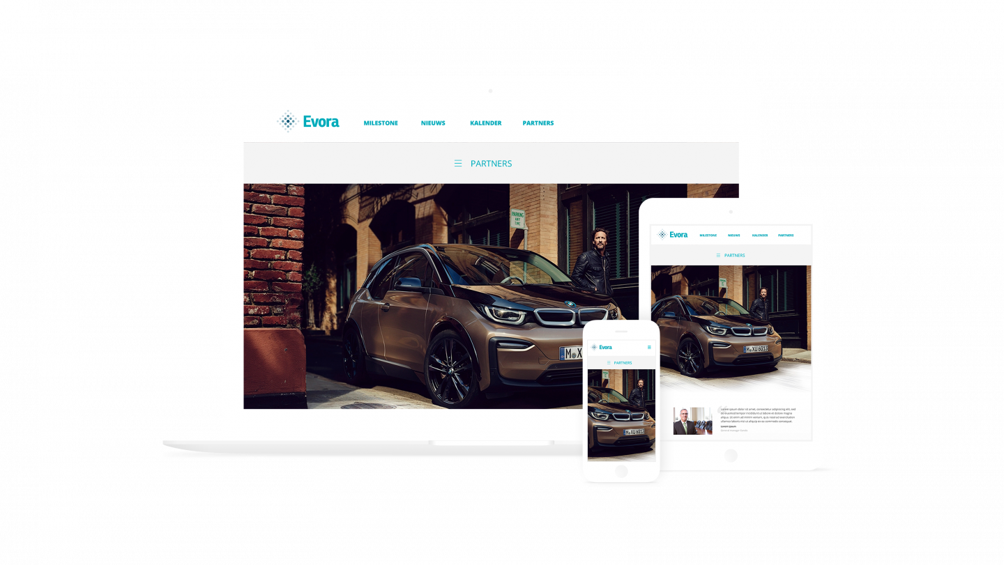 Mockups Evora website op MacBook, iPhone en iPad