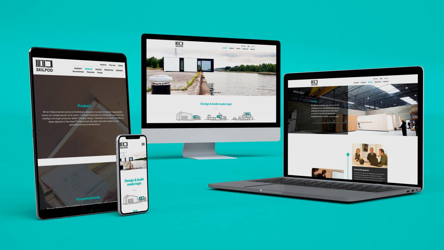 Mockups SkilPod website op MacBook, iPhone en iPad